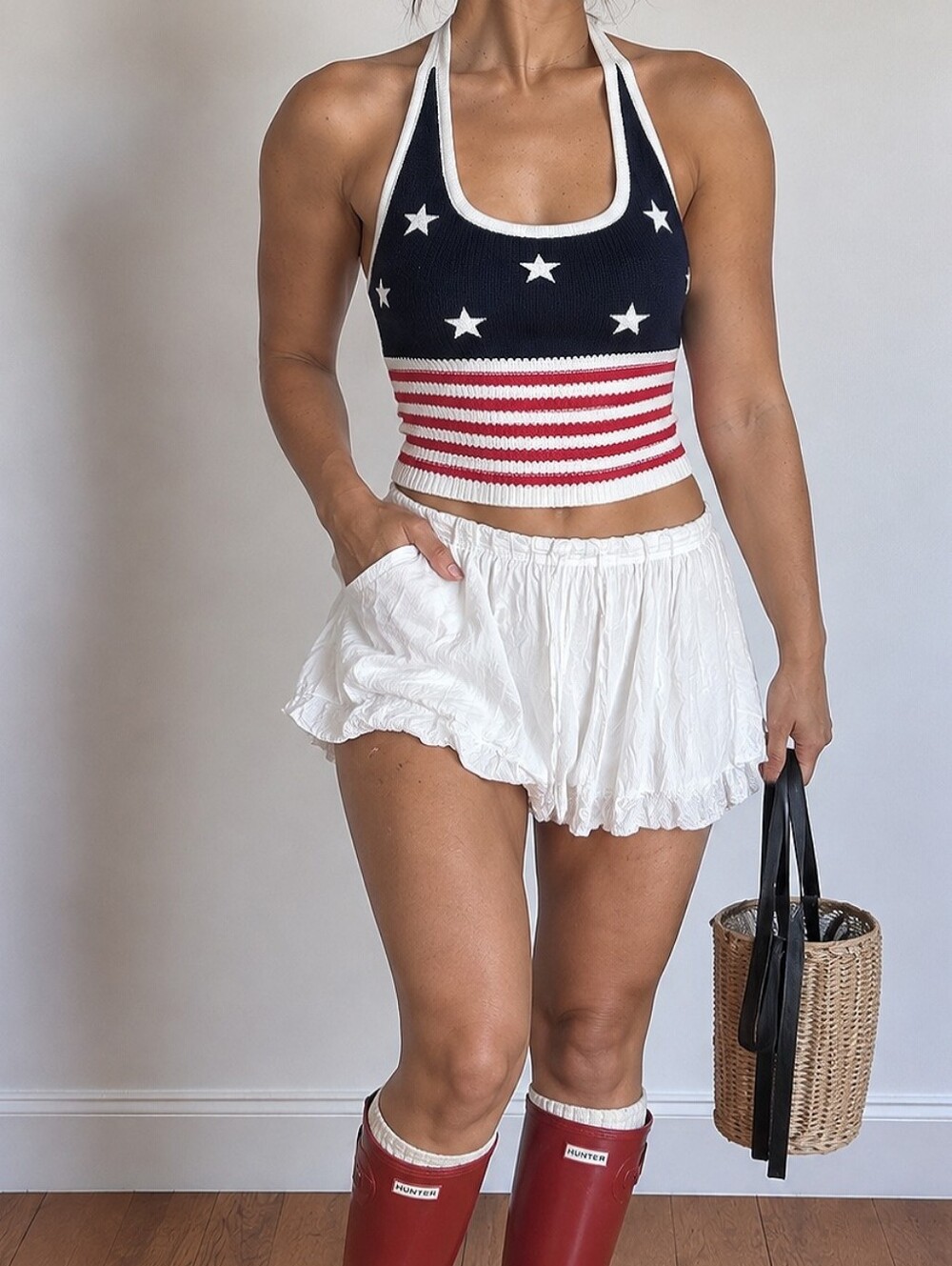 Hollister Navy Red White Star-Stripe Halter Tank